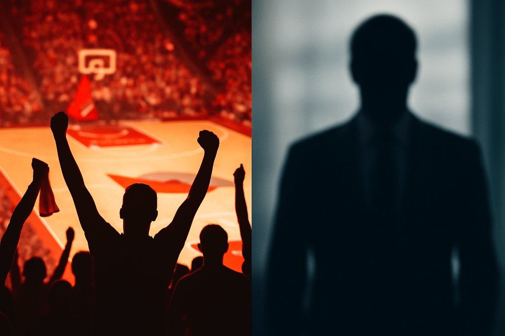 NBA fans cheering in the stands contrasted with a shadowed figure in a suit, symbolizing the tension between billionaire ownership and the game itself.